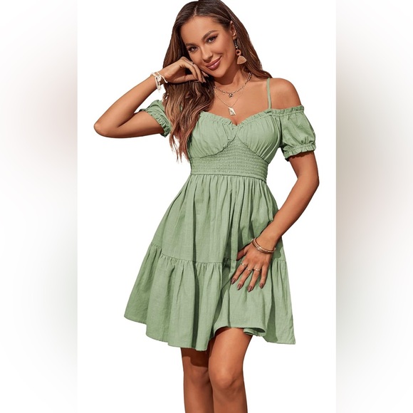 Zexxxy Womens Summer Off Shoulder Mini Dress Spaghetti Strap Ruffle Puff Sleeve - Picture 3 of 6